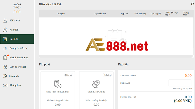 Biểu mẫu rút tiền tại AE888