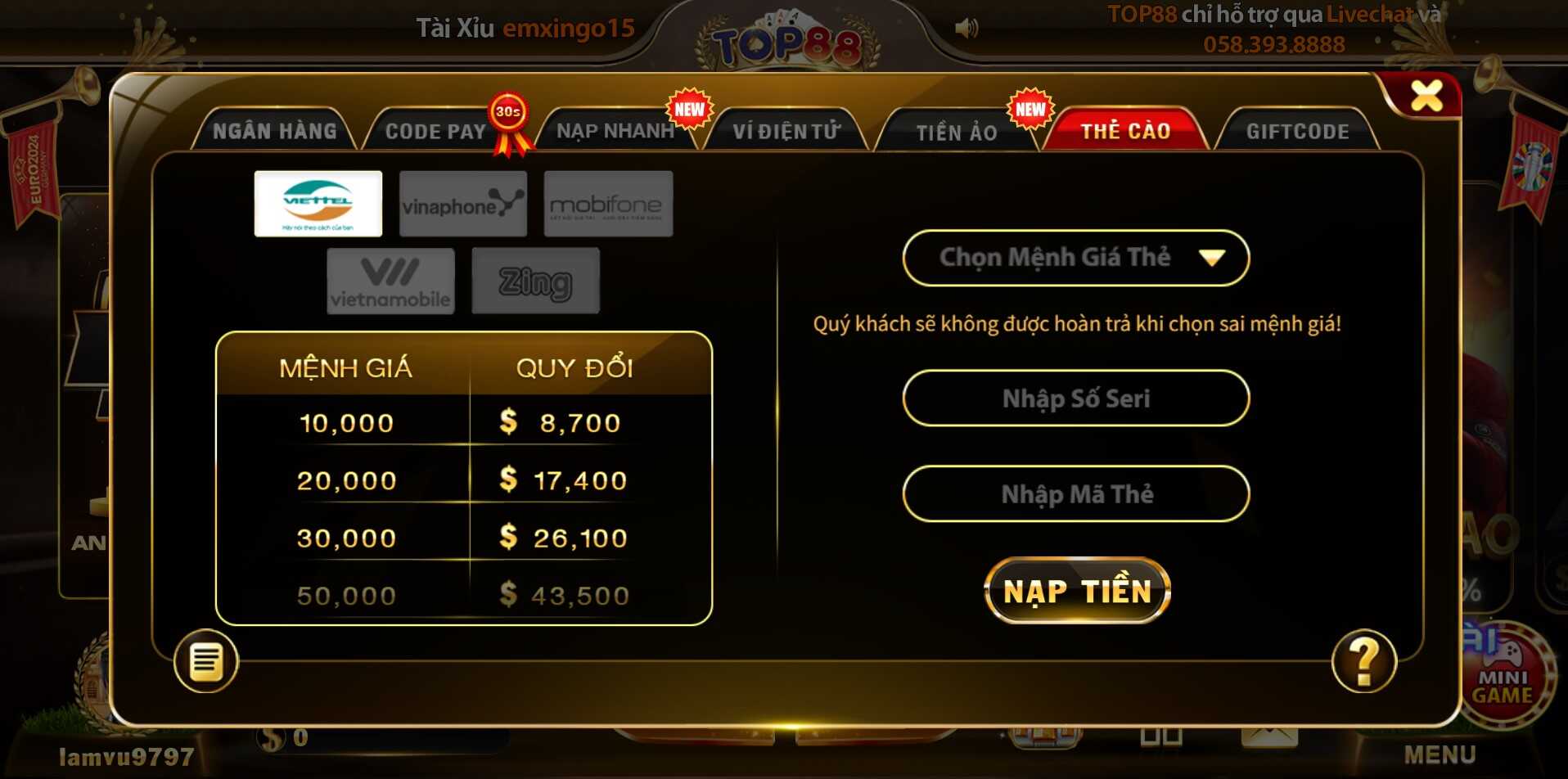 Hình thức nạp tiền qua thẻ cào tại Top88