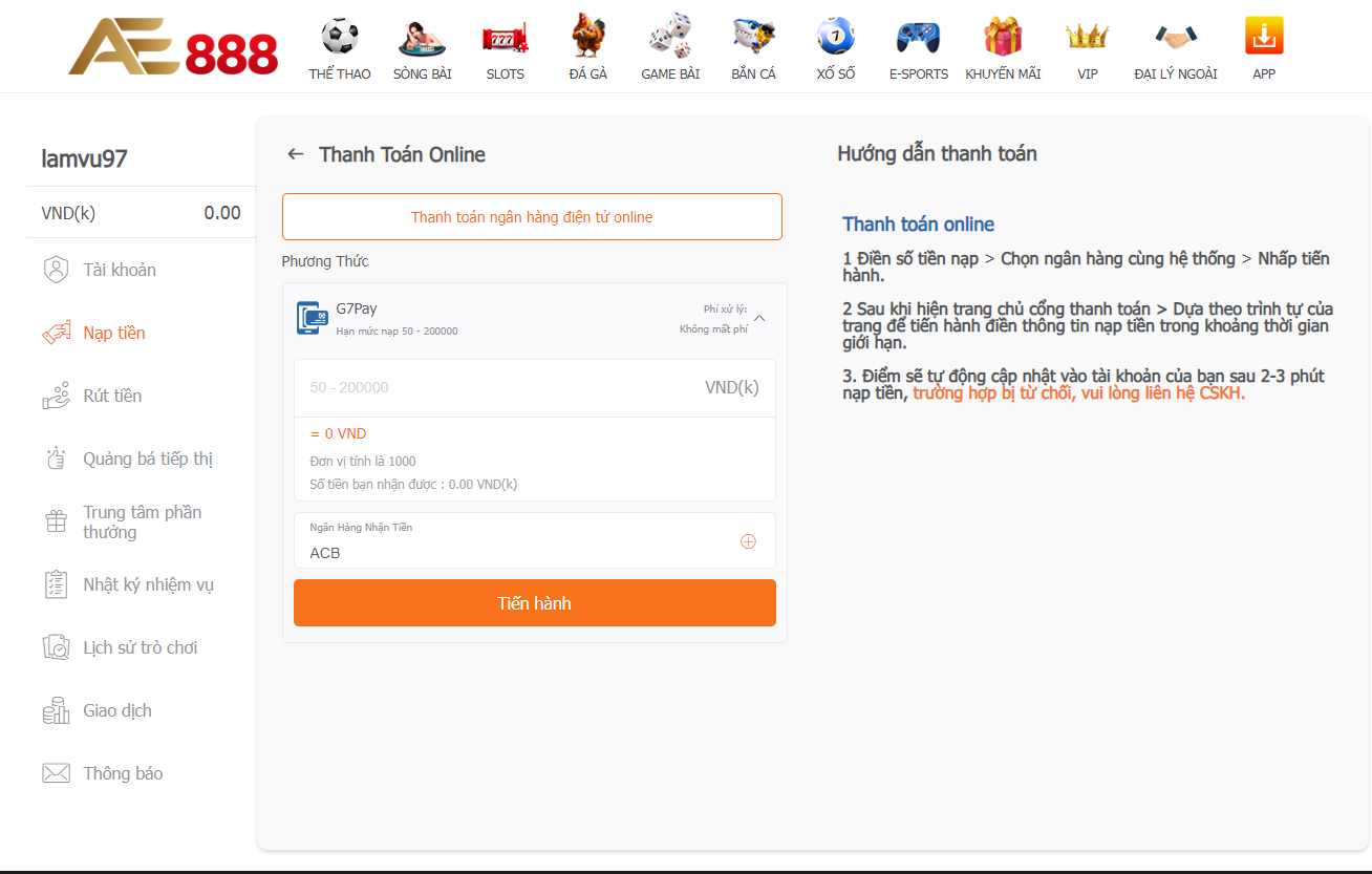 Nạp tiền AE888 bằng phương thức thanh toán trực tuyến