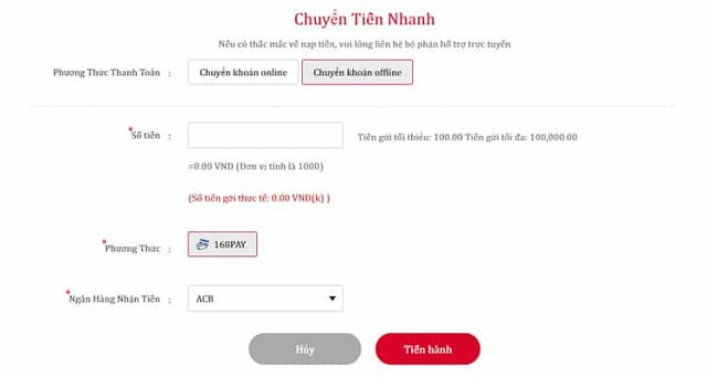 Nạp tiền bằng phương pháp chuyển tiền nhanh